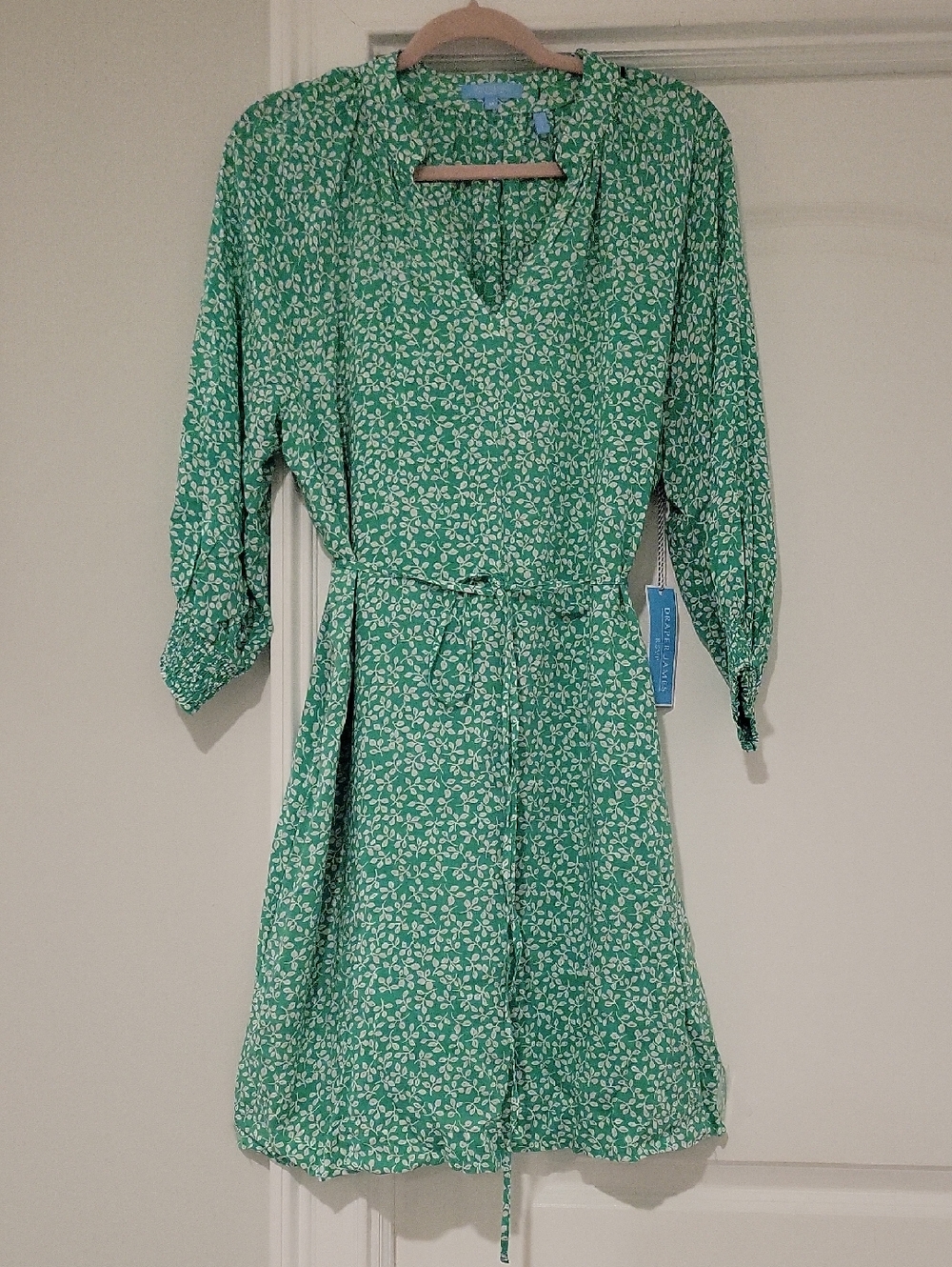 Draper James Green White Floral Tie-Waist Long Sleeve Dress